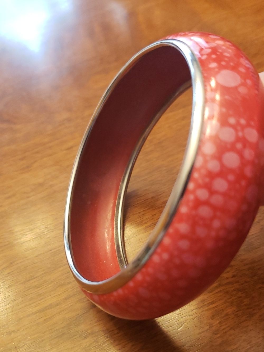 Bold Speckled Pink Resin Bangle Bracelet with Polished Silver Trim